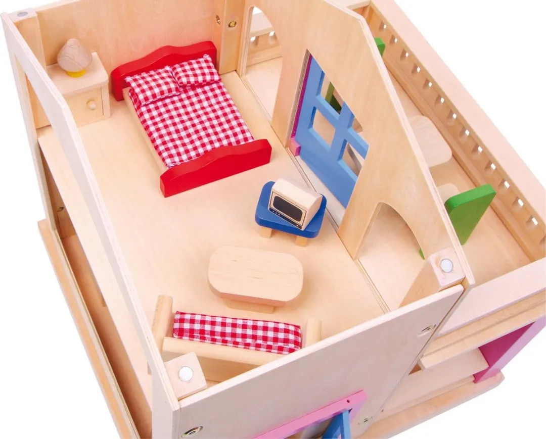 Base Toys Houten Poppenhuis - 17 Meubels - Blank/Roze