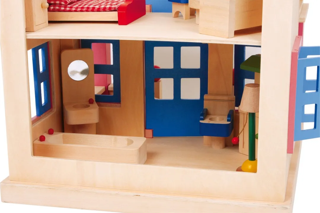 Base Toys Houten Poppenhuis - 17 Meubels - Blank/Roze