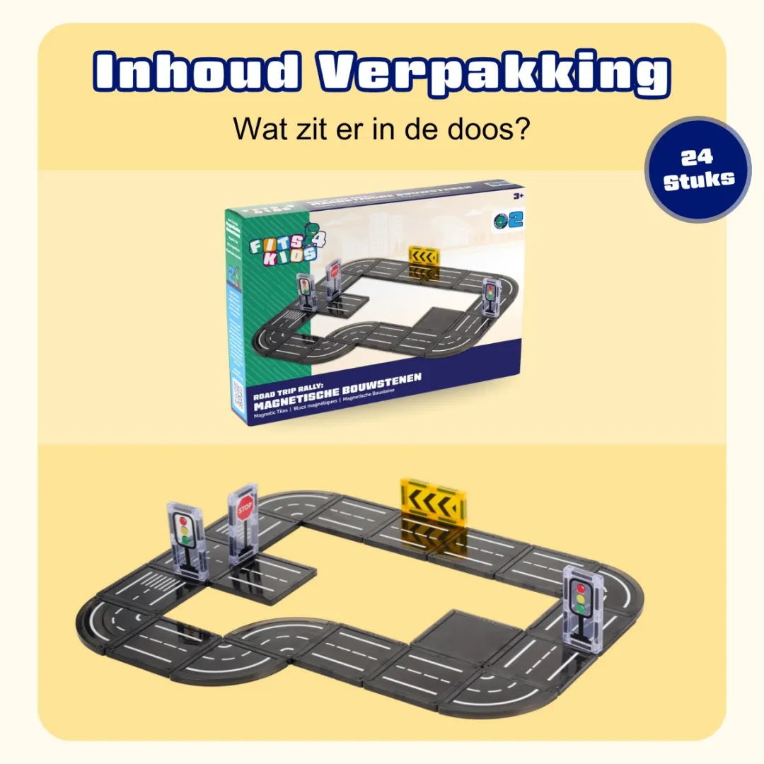 Fits4kids Magnetic Tiles Road Trip Rally 24-delig - Montessori STEM Speelgoed - 3+ jaar