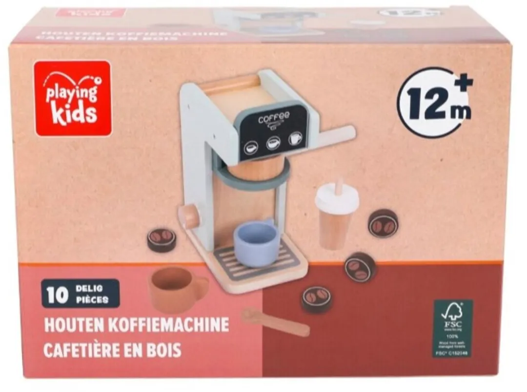 Playing Kids Houten Koffiemachine - Blauw/Bruin/Groen