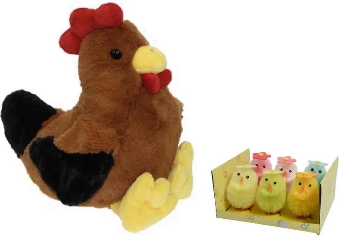 Decoris Pluche Bruine Kippenknuffel 25cm - 7 Stuks (6x Mini Kuikens 6.5cm) - Paasdecoratie