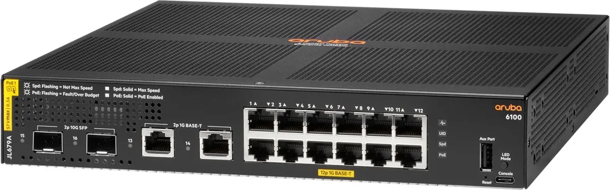 HP Aruba 6100 12G Class4 PoE Switch - 12 PoE-poorten - Zwart
