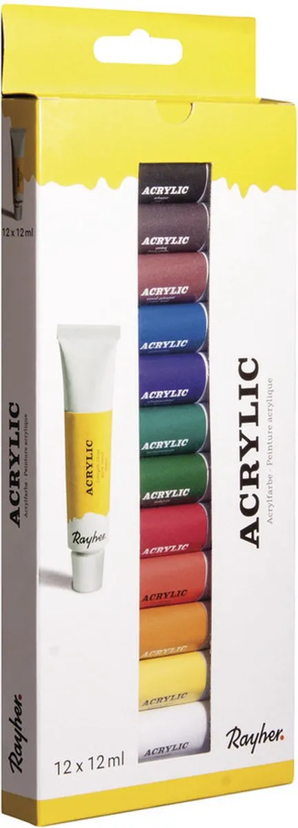 Rayher Acrylverf Set 12x12ml - 2x Doeken 40x60cm - 5x Kwasten - Multi