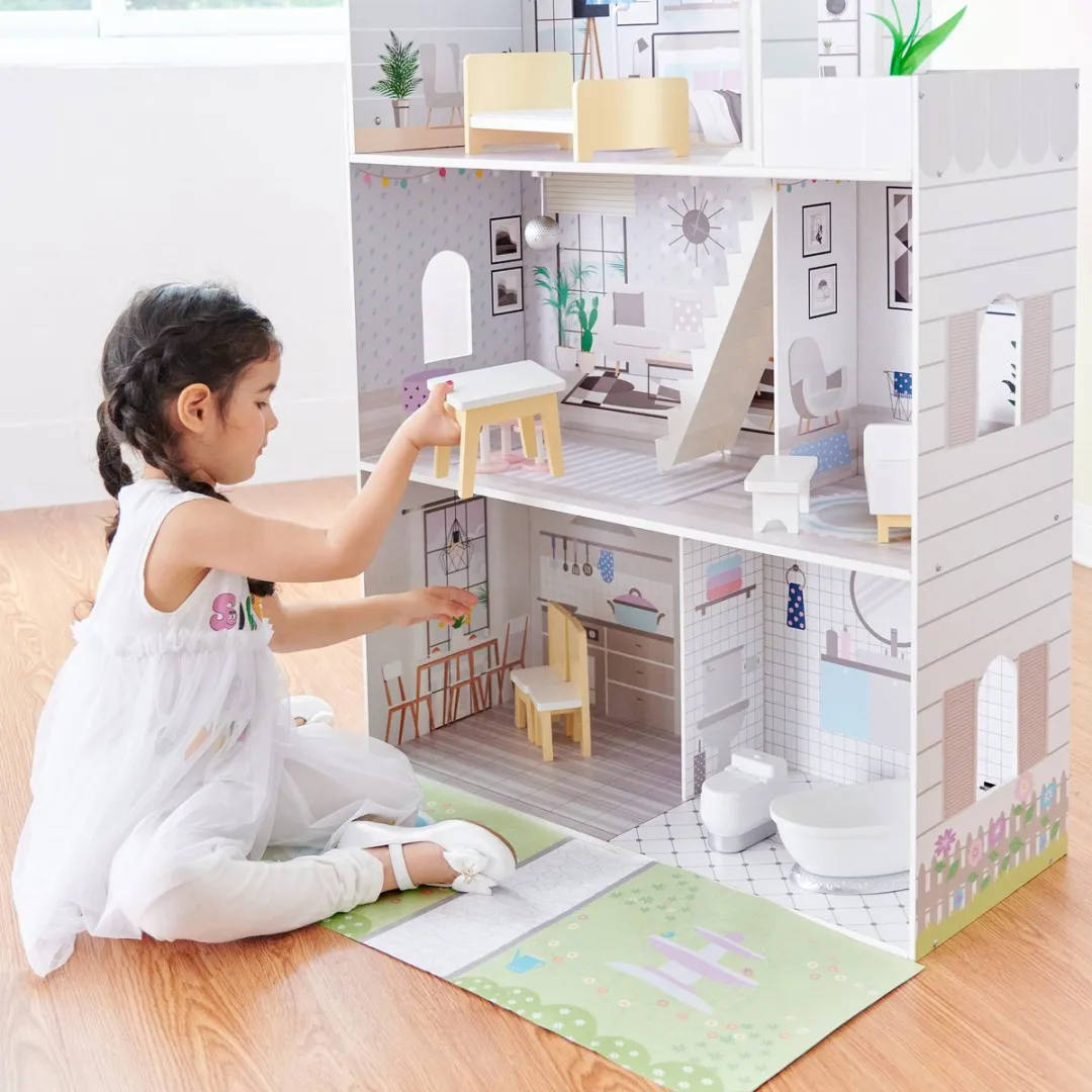 Teamson Kids Groot 3-Niveau Houten Poppenhuis - 16 Meubels - Paars
