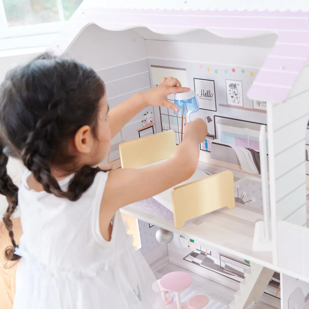 Teamson Kids Groot 3-Niveau Houten Poppenhuis - 16 Meubels - Paars