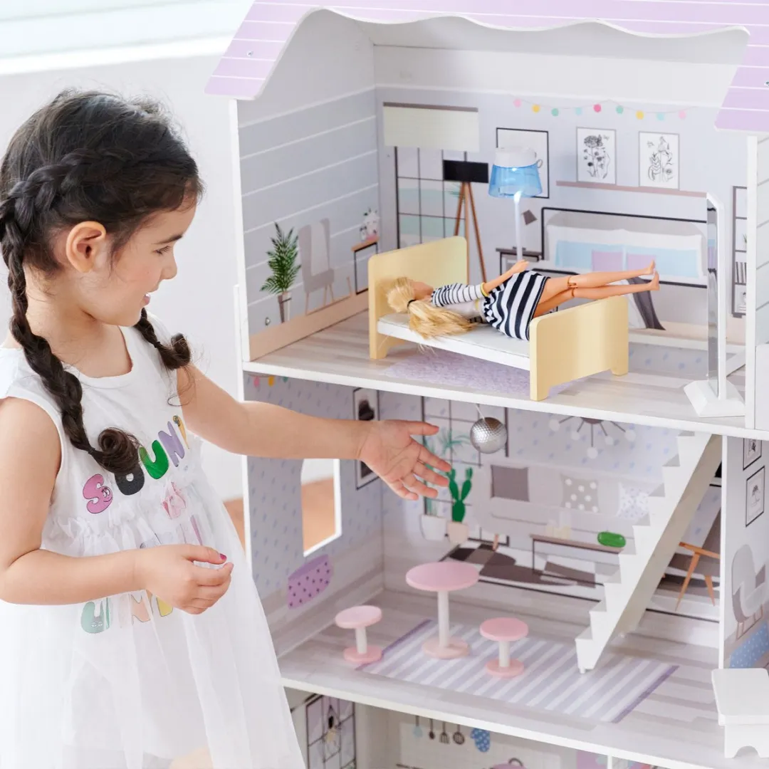 Teamson Kids Groot 3-Niveau Houten Poppenhuis - 16 Meubels - Paars