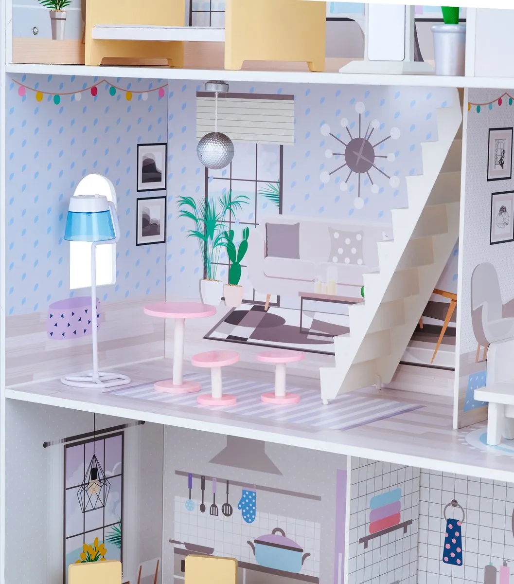 Teamson Kids Groot 3-Niveau Houten Poppenhuis - 16 Meubels - Paars