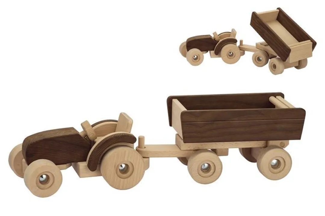 Goki Houten Tractor met Trailer 52,5x14x14cm