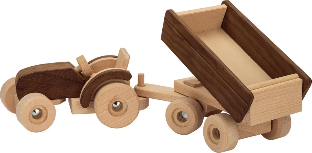 Goki Houten Tractor met Trailer 52,5x14x14cm - Bruin