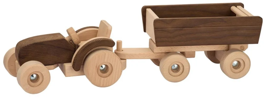 Goki Houten Tractor met Trailer 52,5x14x14cm - Bruin