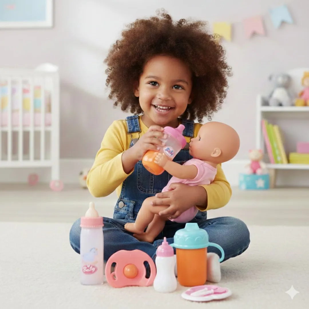 Happy U Kids Eetset Babypop 25072501 - Flesjes Bordje Lepeltje - Roze/Wit