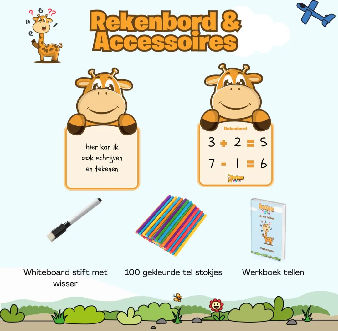 DotasToys® Rekenbord & Tekenbord - Educatief Speelgoed 4 Jaar - Leren Tellen en Rekenen met Whiteboard, Whiteboardstift, 100 Telstokjes & Werkboek 20 pp.