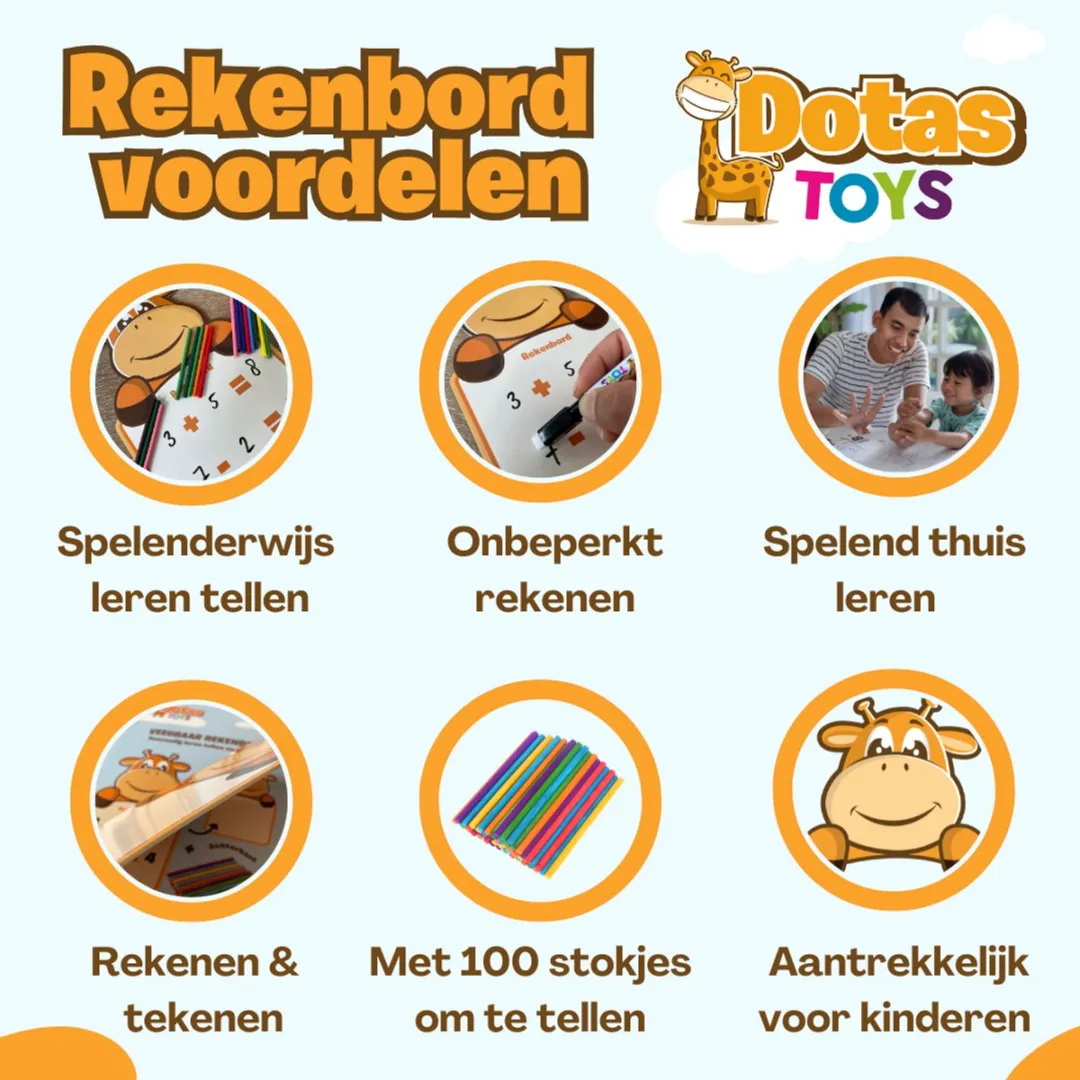 DotasToys® Rekenbord & Tekenbord - Educatief Speelgoed 4 Jaar - Leren Tellen en Rekenen met Whiteboard, Whiteboardstift, 100 Telstokjes & Werkboek 20 pp.