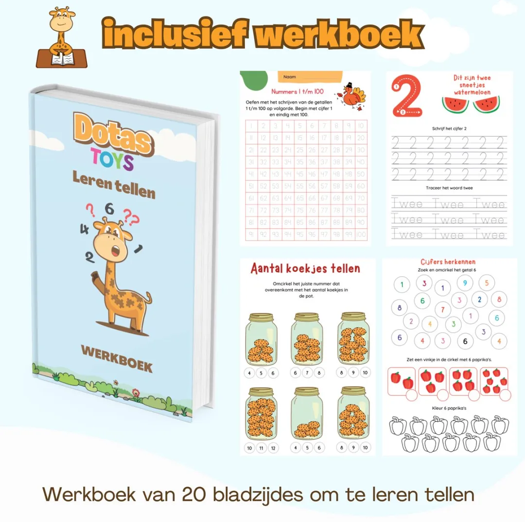 DotasToys® Rekenbord & Tekenbord - Educatief Speelgoed 4 Jaar - Leren Tellen en Rekenen met Whiteboard, Whiteboardstift, 100 Telstokjes & Werkboek 20 pp.