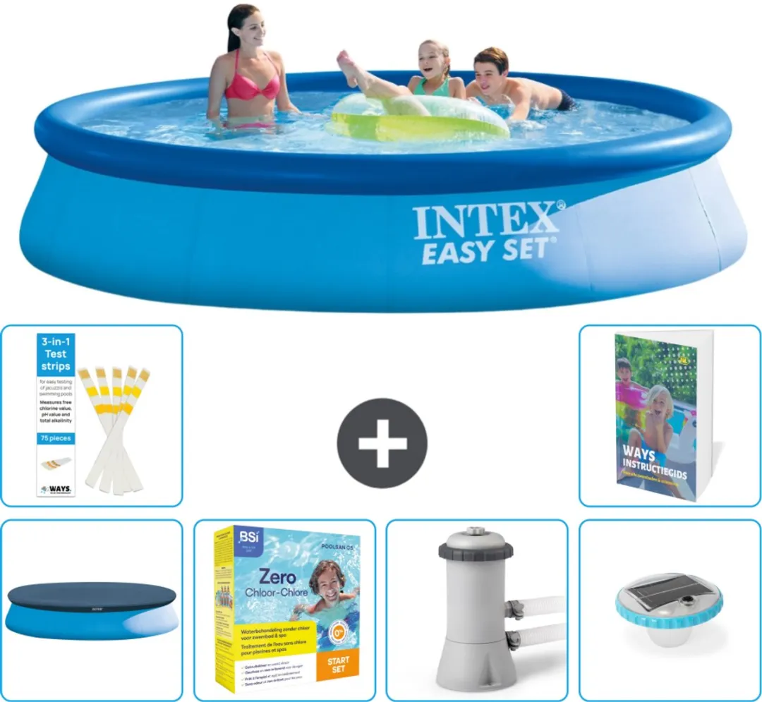 Intex Rond Opblaasbaar Easy Set Zwembad - 396 x 84 cm - Blauw - Inclusief Afdekzeil - Onderhoudspakket - Zwembadfilterpomp - Verlichting - 7-delig