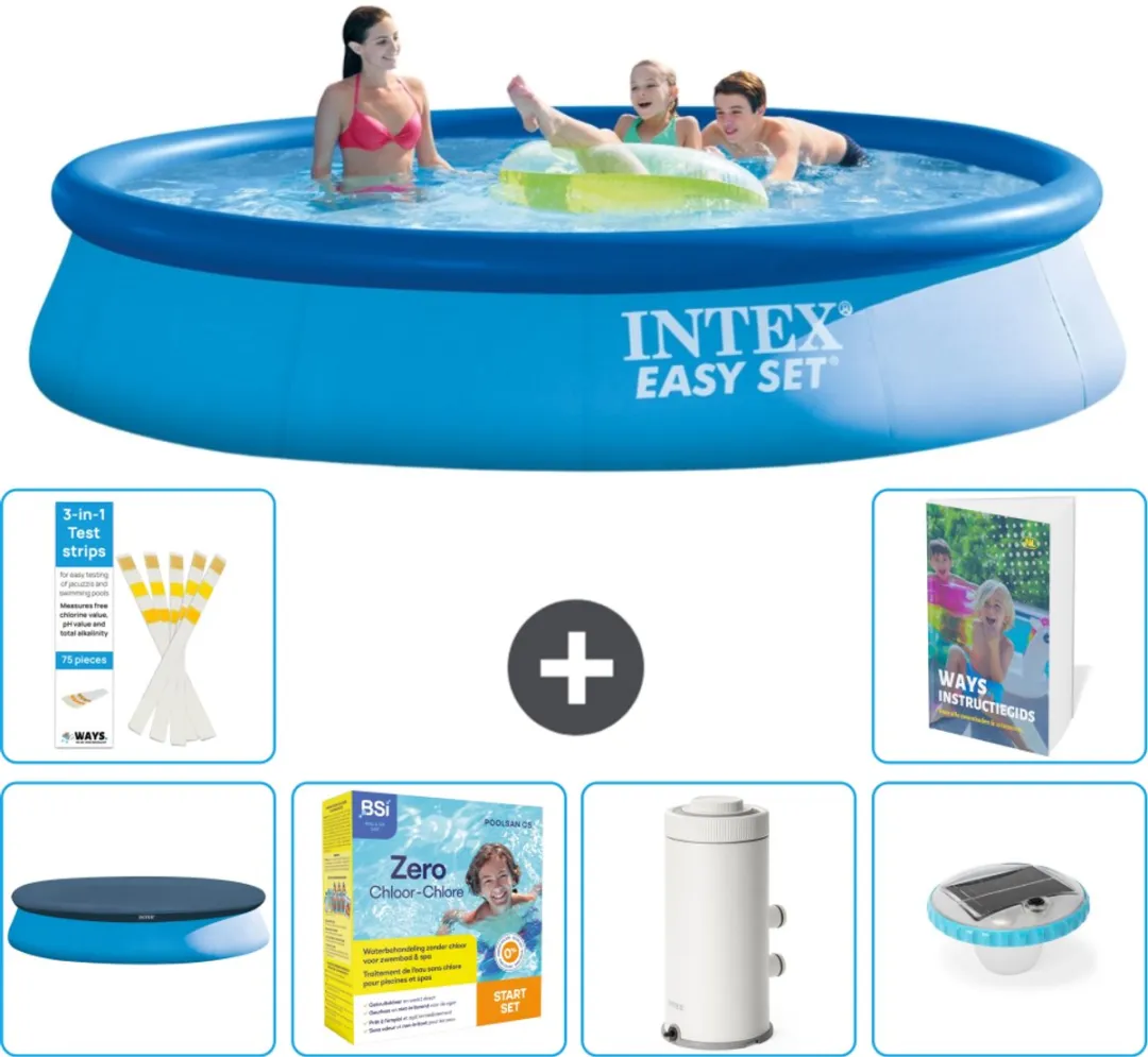 Intex Rond Opblaasbaar Easy Set Zwembad - 396 x 84 cm - Blauw - Inclusief Afdekzeil - Onderhoudspakket - Zwembadfilterpomp - Verlichting - 7-delig