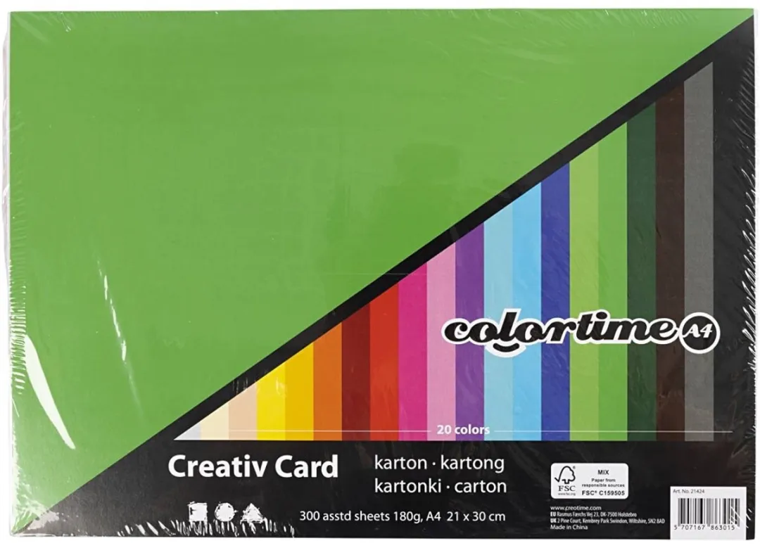 Colortime Gekleurd Karton A4 180gr - 300 Vellen Multicolor