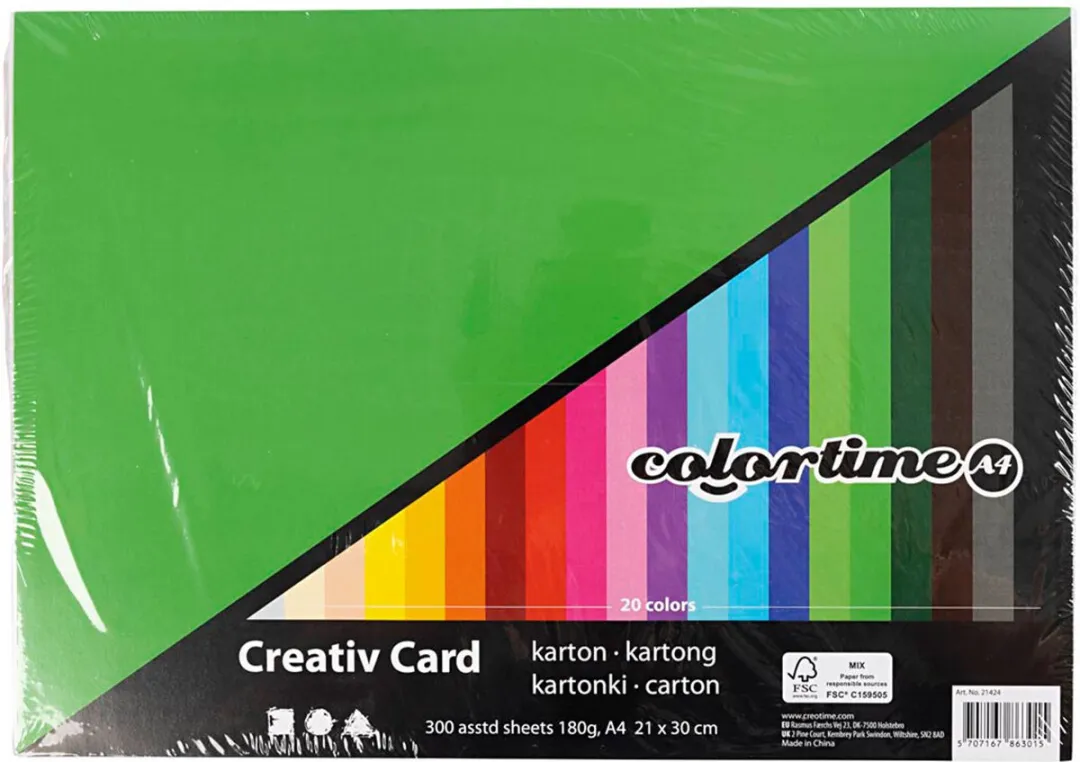 Colortime Gekleurd Karton A4 180gr - 300 Vellen Multicolor