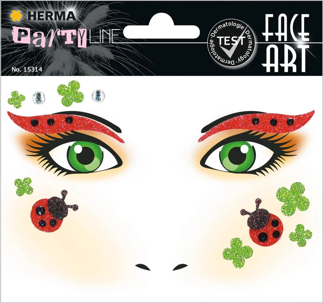 Herma Face Art Glitter Sticker Lieveheersbeestje - Rood/Zwart/ Groen/Zirkonia