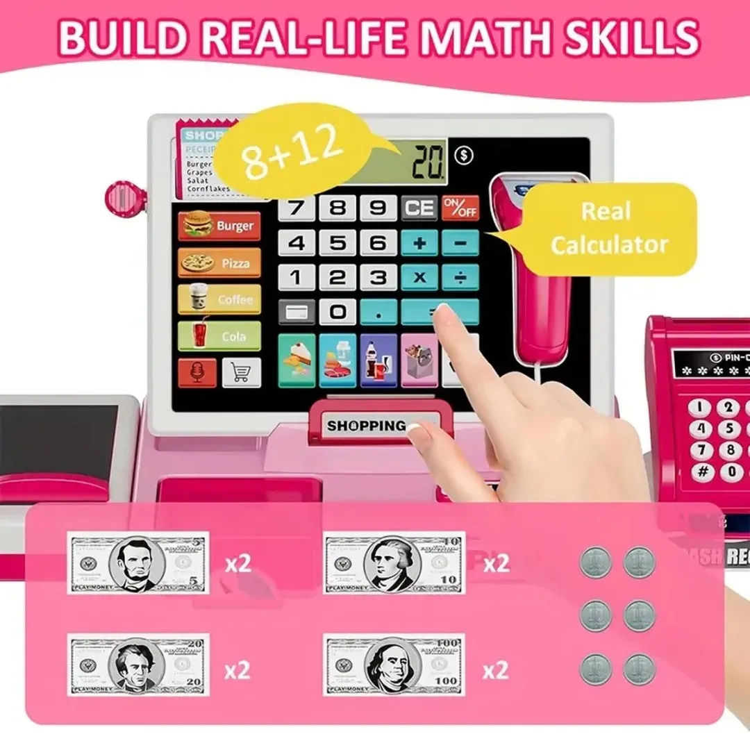 Kids Concept Roze Kassa Speelset - Rekenmachine & Speelgeld