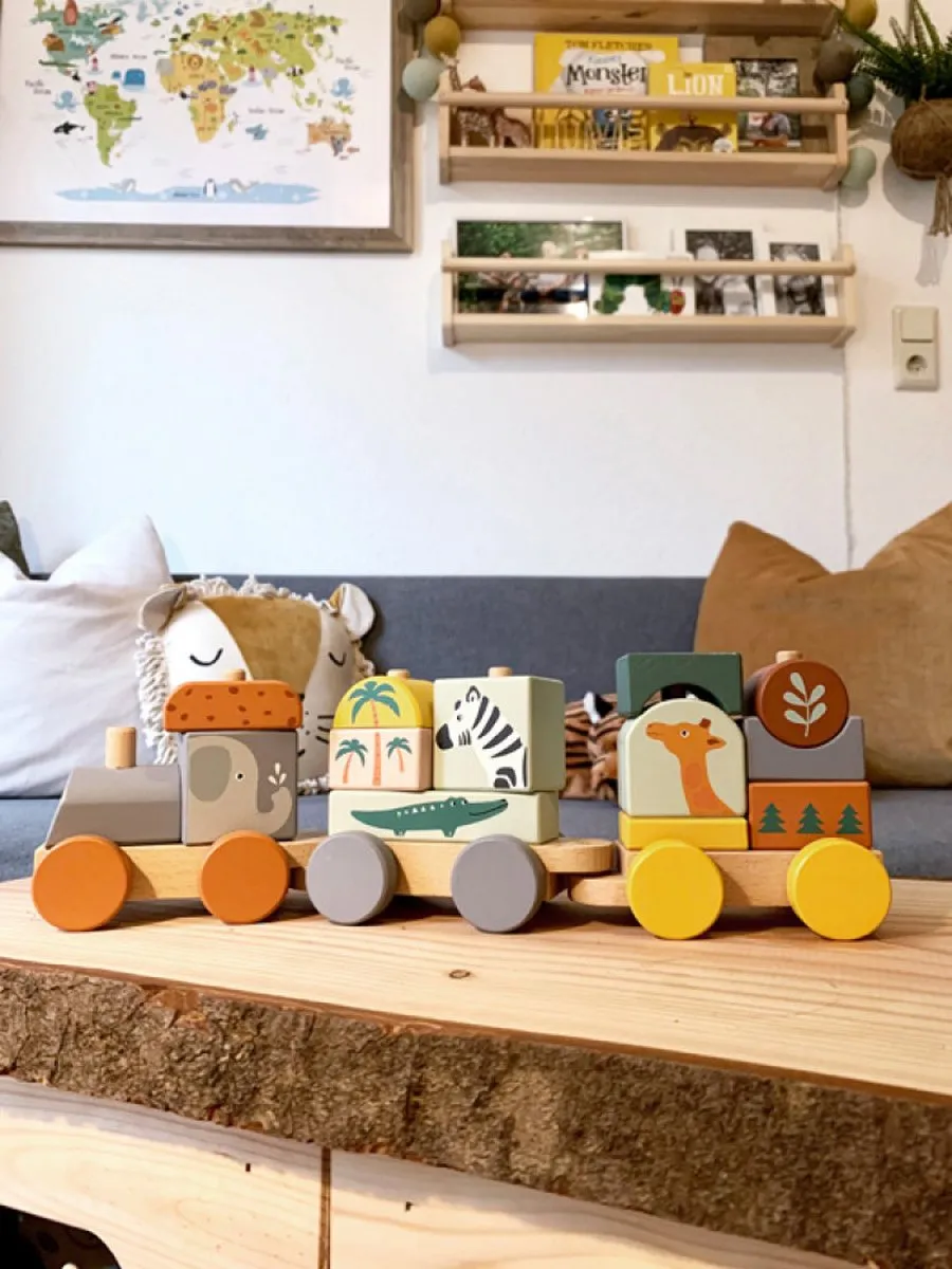 Small Foot Houten Stapelblokken Trein Safari - 16-delig Multicolor