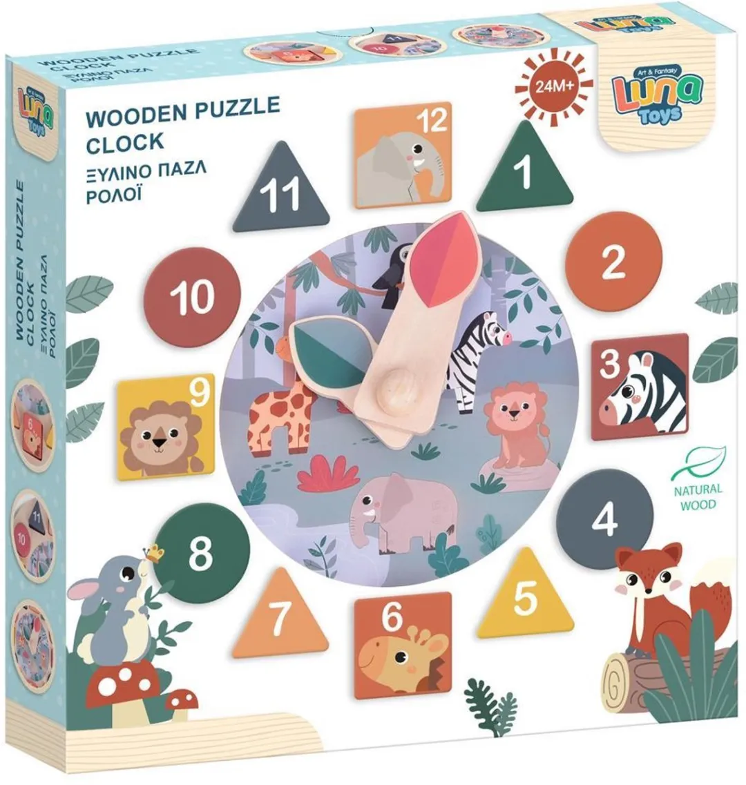 Luna Toys Houten Klok Puzzel 12-delig - 22x3,5x22cm - Multi Color
