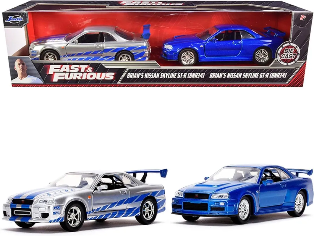 Jada Toys Fast & Furious Nissan Skyline GTR R34 Set - Blauw & Zilver