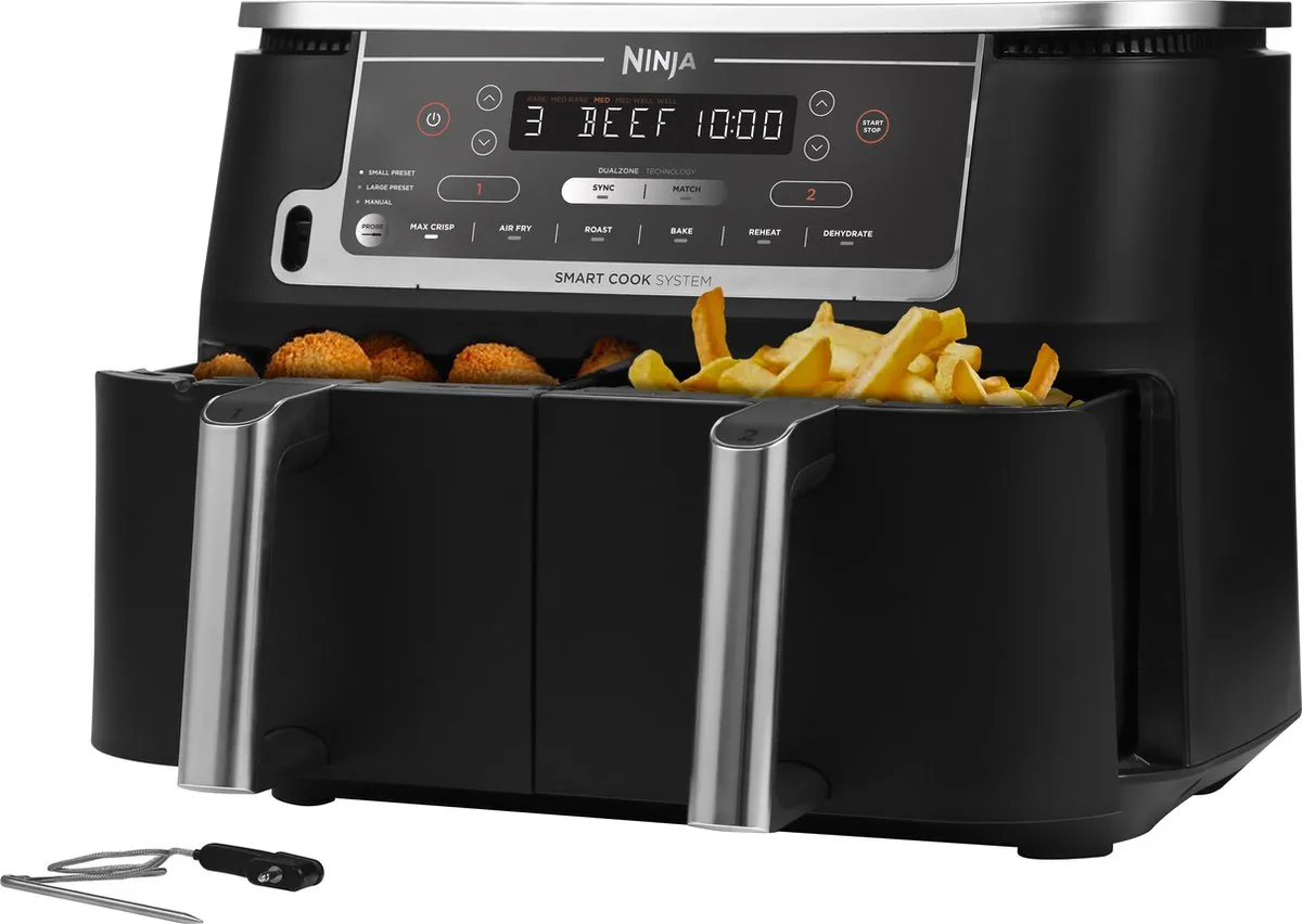 Ninja AF451EU Dubbele Airfryer XXL - Twee Kookvakken - 9.5 Liter - Digitale Thermometer - 2470 Watt - Dual Zone Technologie