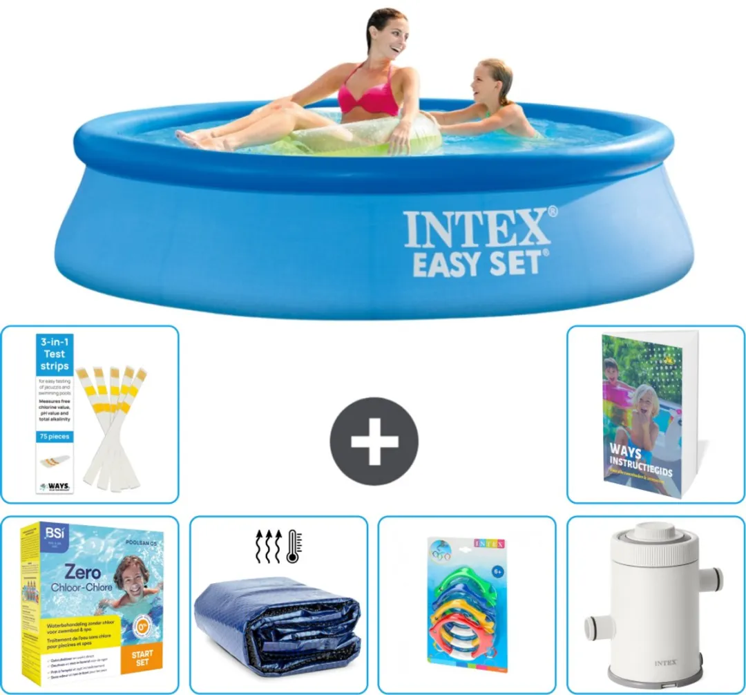 Intex Rond Opblaasbaar Easy Set Zwembad - 244 x 61 cm - Blauw - Inclusief Onderhoudspakket - Solarzeil - Speelgoed - Zwembadfilterpomp - 7-delig