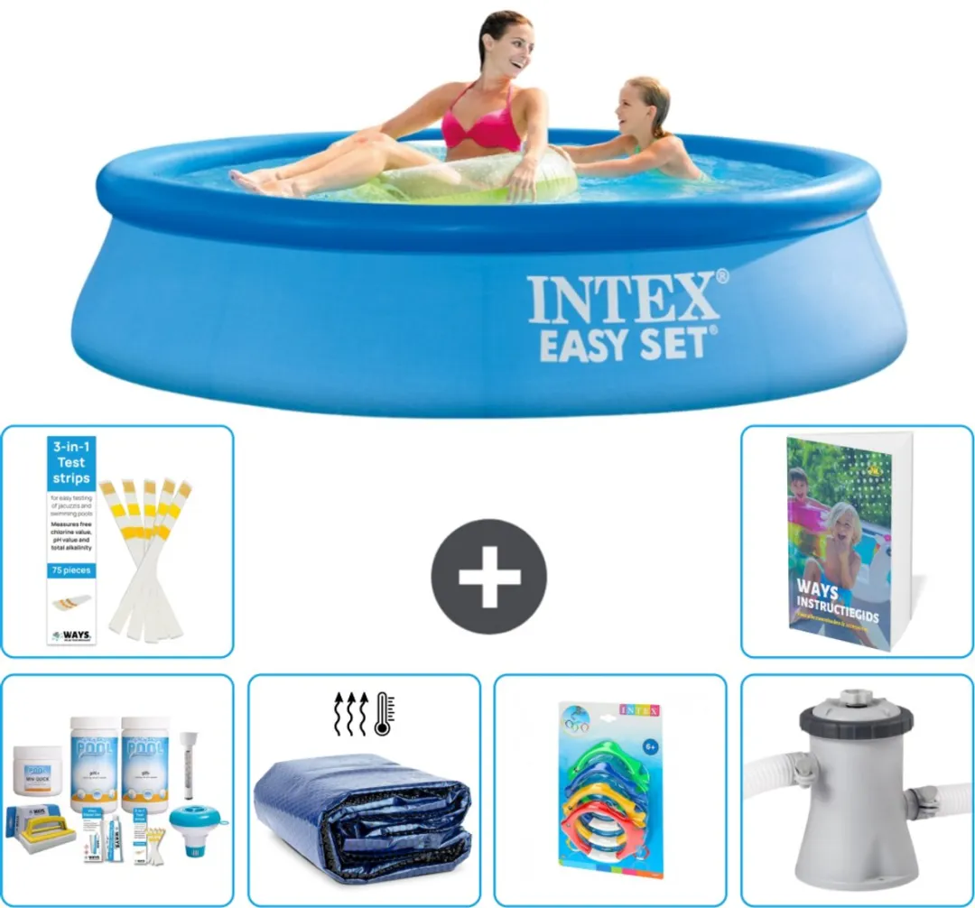 Intex Rond Opblaasbaar Easy Set Zwembad - 244 x 61 cm - Blauw - Inclusief Onderhoudspakket - Solarzeil - Speelgoed - Zwembadfilterpomp - 7-delig