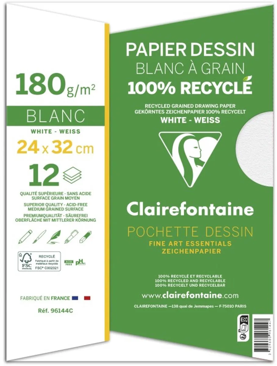 Clairefontaine Tekenpapier Blanc à Grain 24,5x32cm - 12 Stuks
