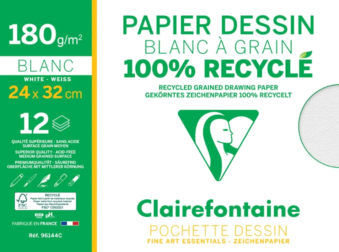 Clairefontaine Tekenpapier Blanc à Grain 24,5x32cm - 12 Stuks