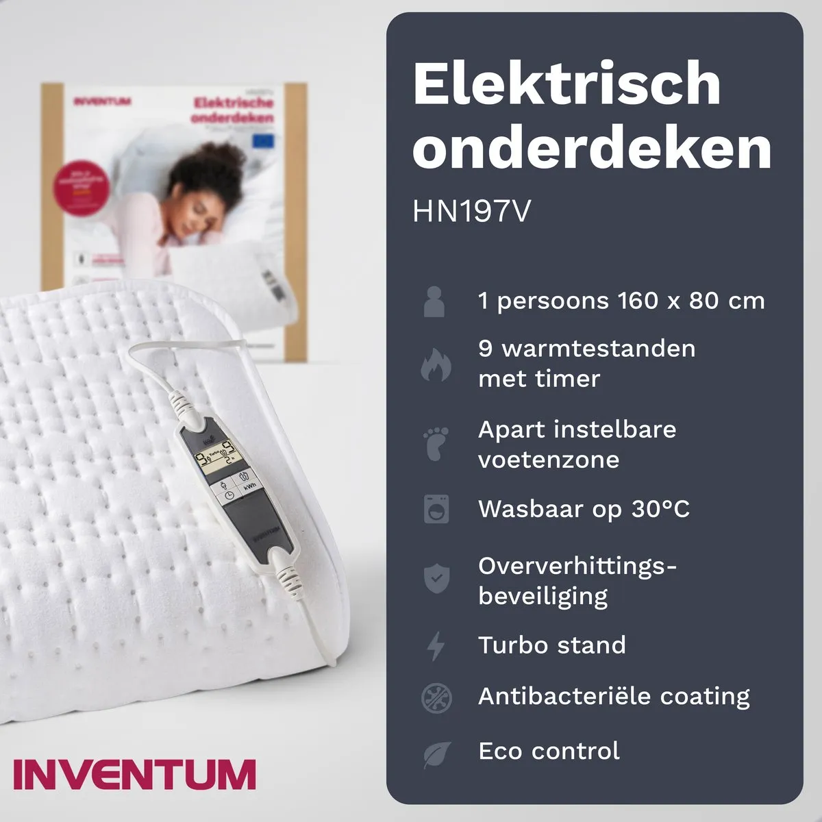 Inventum HN197V Elektrische Onderdeken 160x80cm - 9 Warmtestanden - Wit
