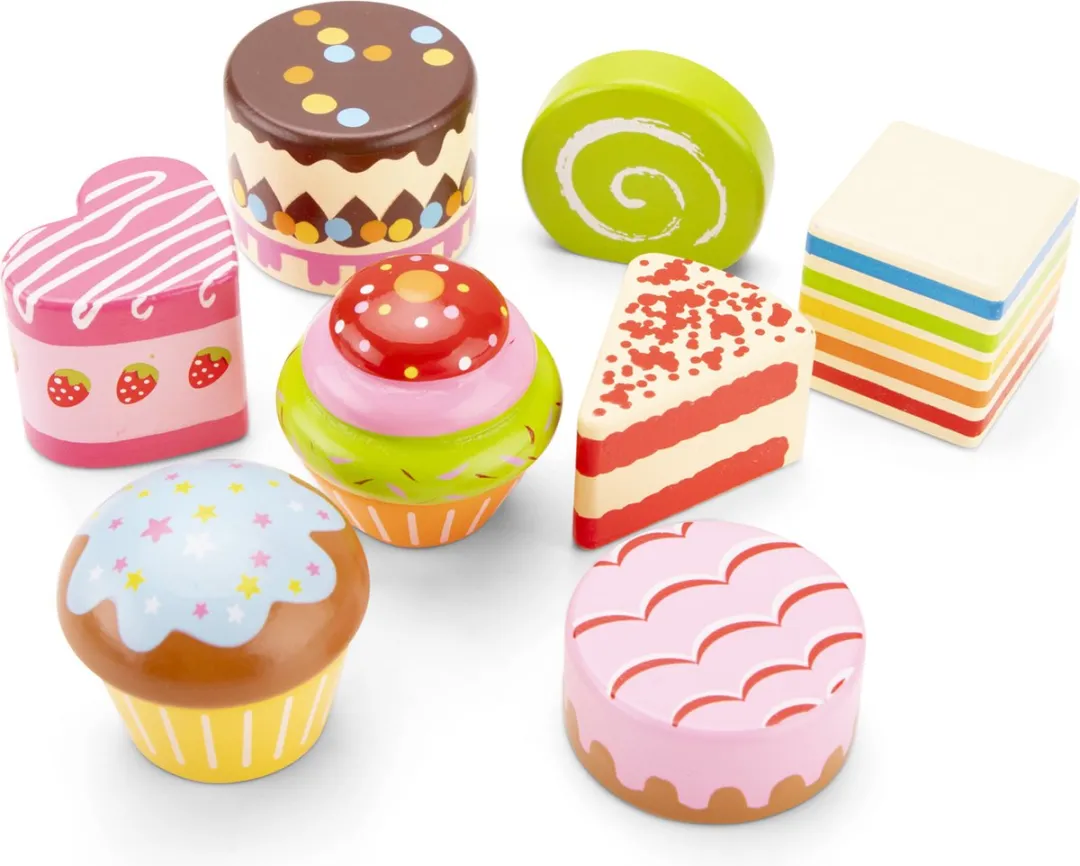 New Classic Toys Houten Etagère met Gebakjes - 8 Stuks