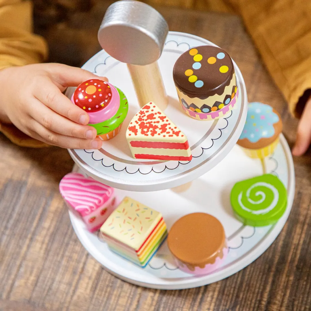 New Classic Toys Houten Etagère met Gebakjes - 8 Stuks
