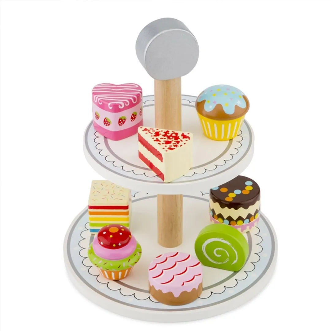 New Classic Toys Houten Etagère met Gebakjes - 8 Stuks