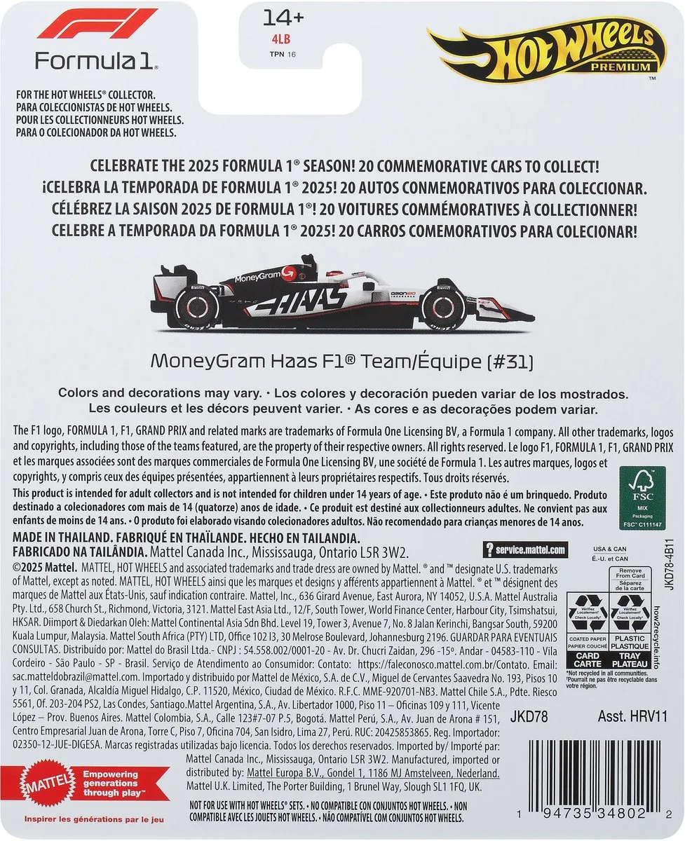 Hot Wheels Haas F1 Team MoneyGram JKD78 Raceauto - Meerkleurig