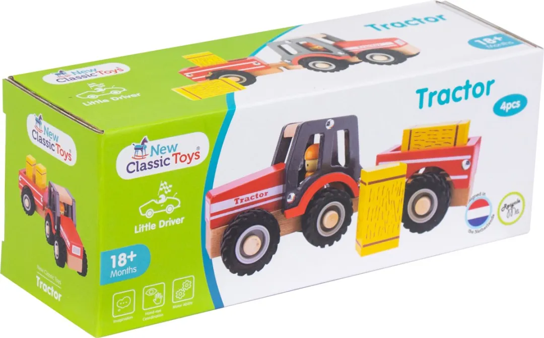 New Classic Toys Houten Tractor met Aanhanger 11943 - Rood