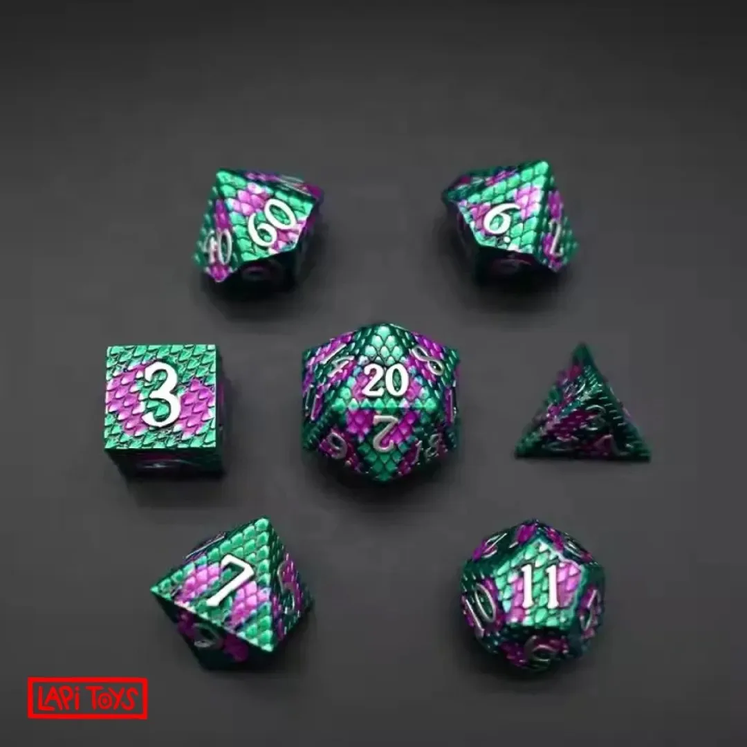 Lapi Toys D&D Metal Dobbelstenen - 7-delig - Groen/Paars - Incl. tas