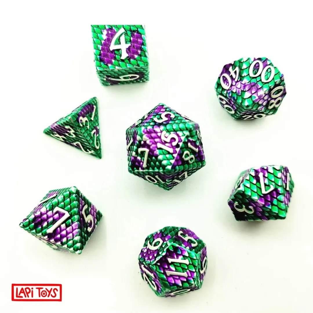 Lapi Toys D&D Metal Dobbelstenen - 7-delig - Groen/Paars - Incl. tas