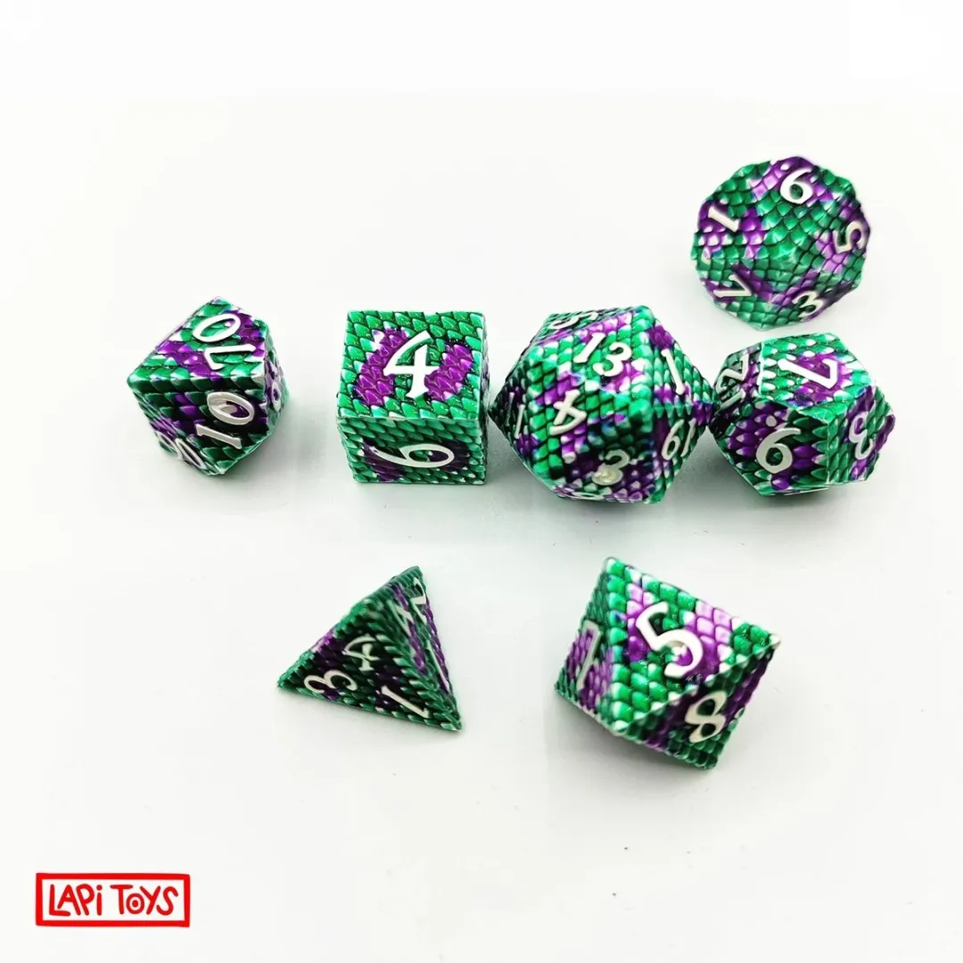 Lapi Toys D&D Metal Dobbelstenen - 7-delig - Groen/Paars - Incl. tas