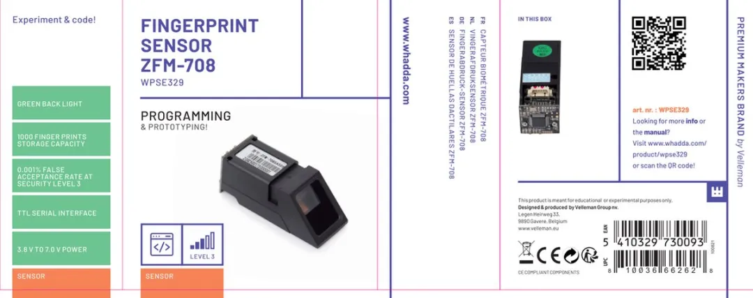 Whadda Vingerafdruksensor ZFM-708 - 1000 Afdrukken - Zwart