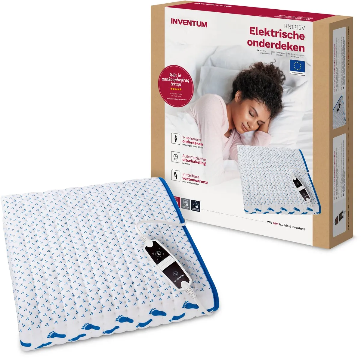Inventum HN1312V Elektrische Onderdeken 150x80cm - 4 Warmtestanden - Wit/Blauw