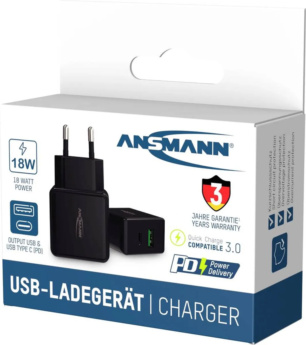 Ansmann HomeCharger HC218PD USB-oplader 18W - USB-A/USB-C - Zwart - afbeelding 6 van 6