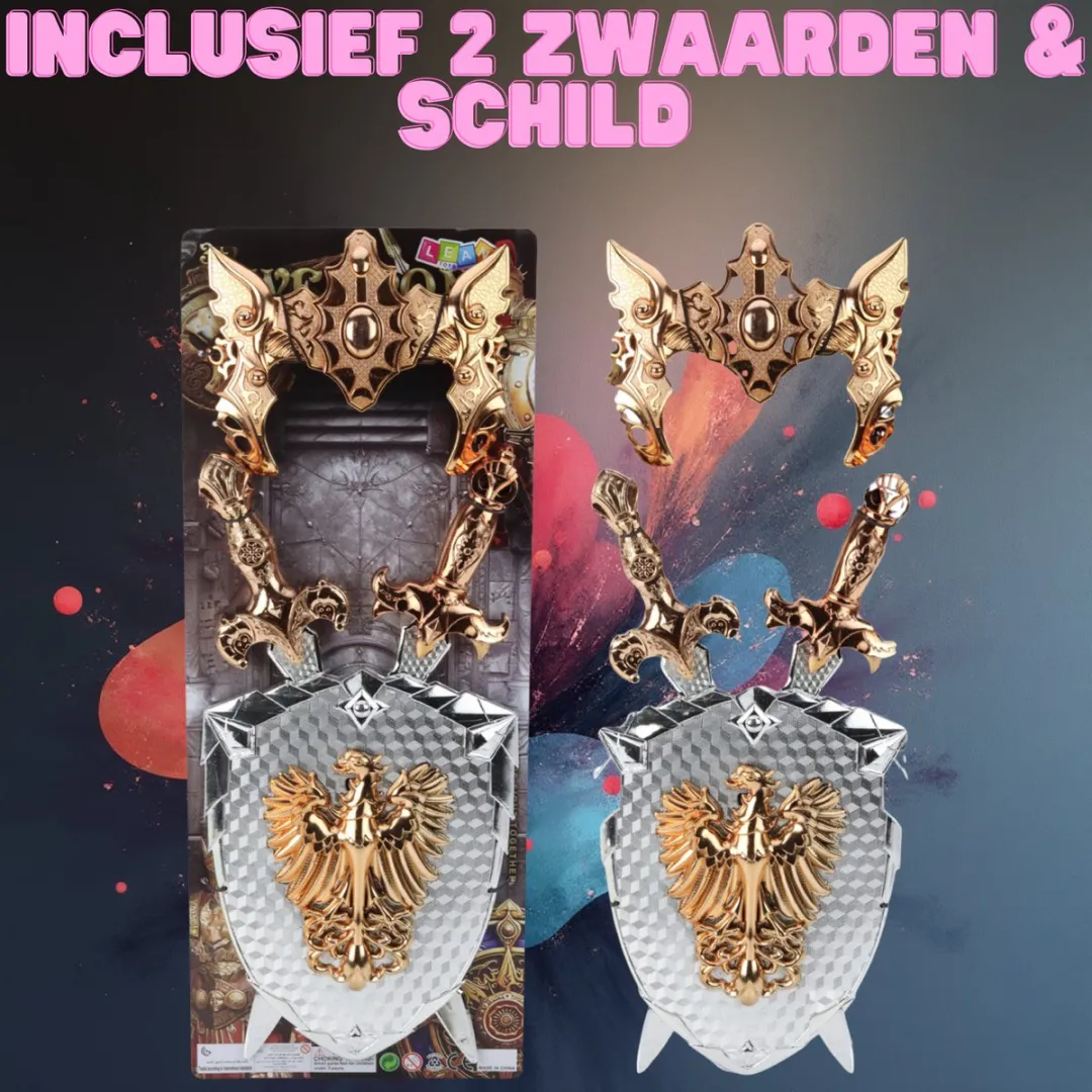 LEN TOYS Ridder Set Schild Twee Zwaarden Masker - Zilver/Goud