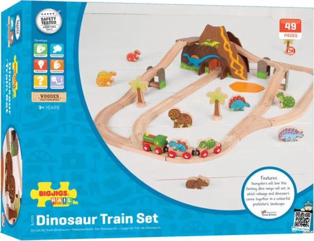 BIGJIGS Houten Dino Treinset 49-delig - Multi