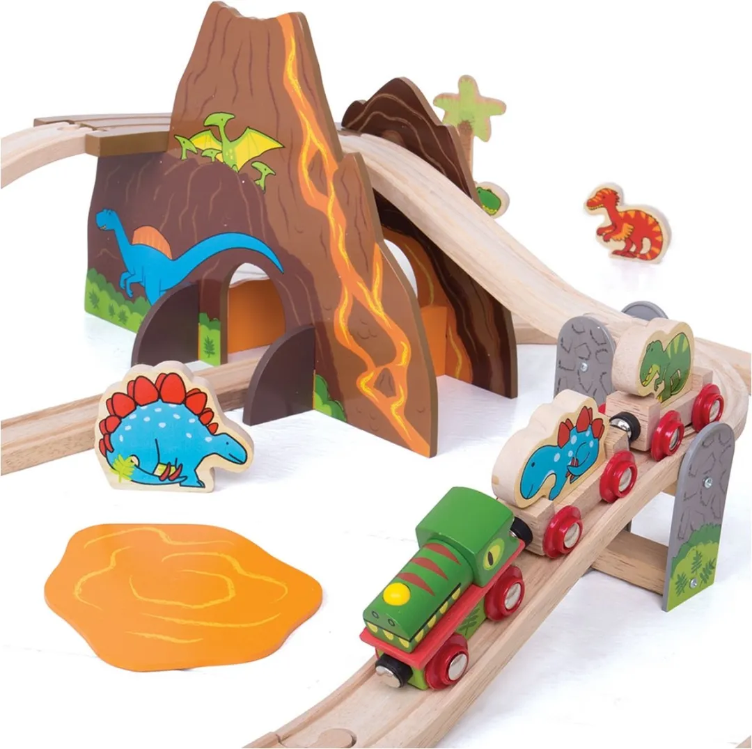 BIGJIGS Houten Dino Treinset 49-delig - Multi