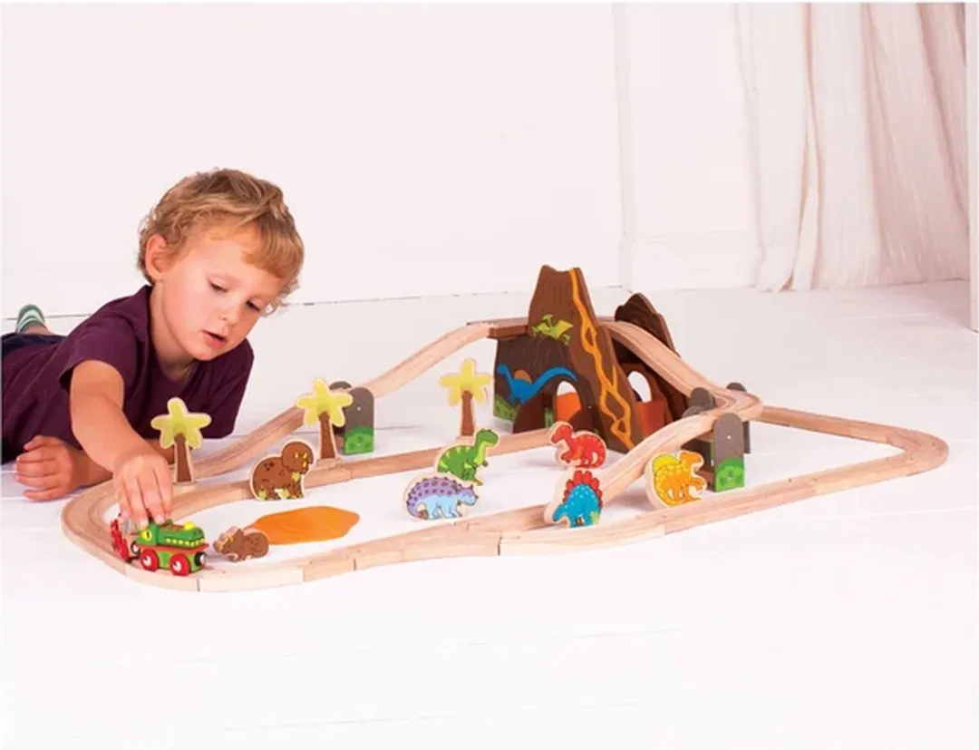 BIGJIGS Houten Dino Treinset 49-delig - Multi