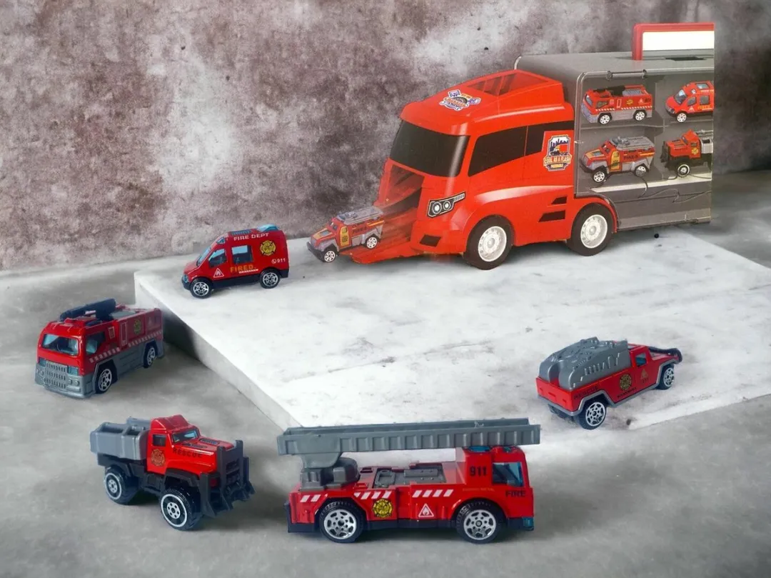 Brandweer vrachtwagen set - transporter - 6-delig koffer set - Container Truck - 36.4 cm