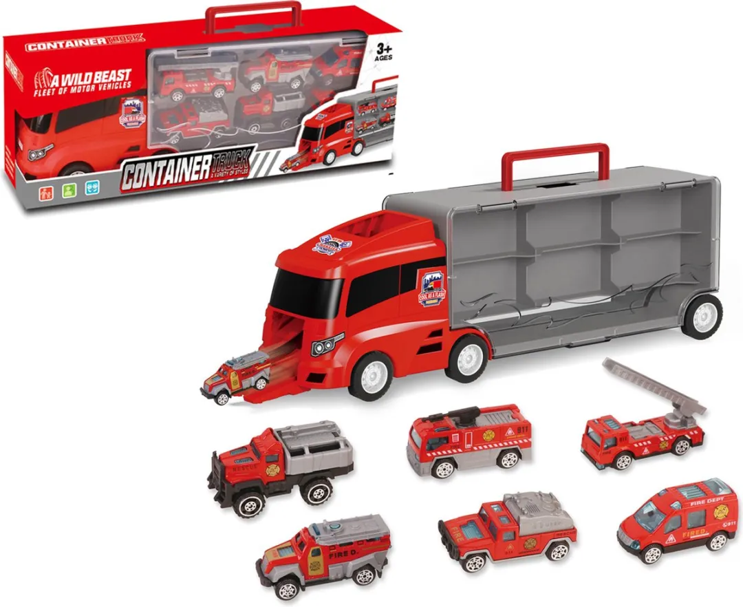 Brandweer vrachtwagen set - transporter - 6-delig koffer set - Container Truck - 36.4 cm